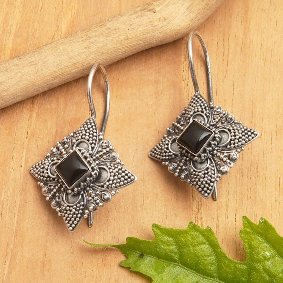 Oxidized Sterling Silver Drop Earrings with Black Onyx Stone 'Dark Allure'