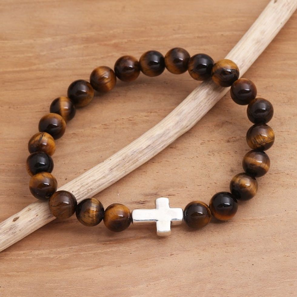 Tiger's Eye Bracelet with Silver Cross Pendant 'Faith in Brown'