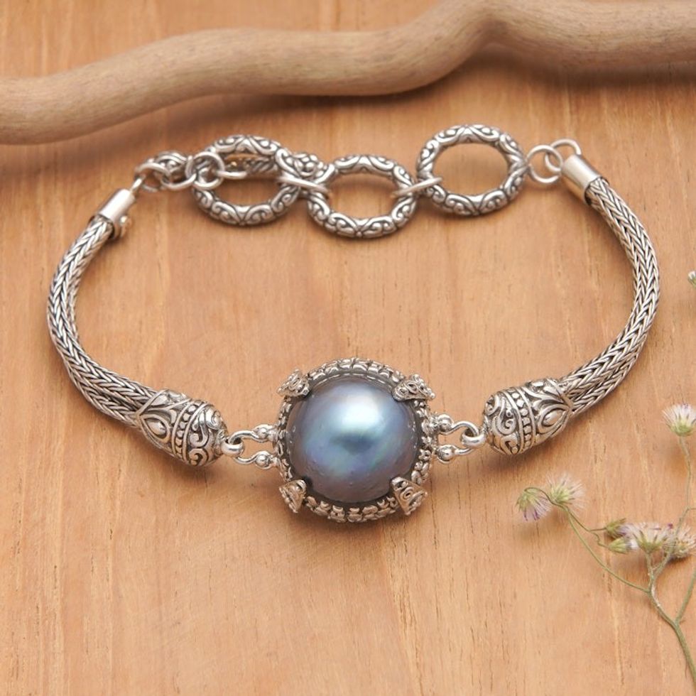 Traditional Sterling Silver Pendant Bracelet with Blue Pearl 'Peaceful Force'