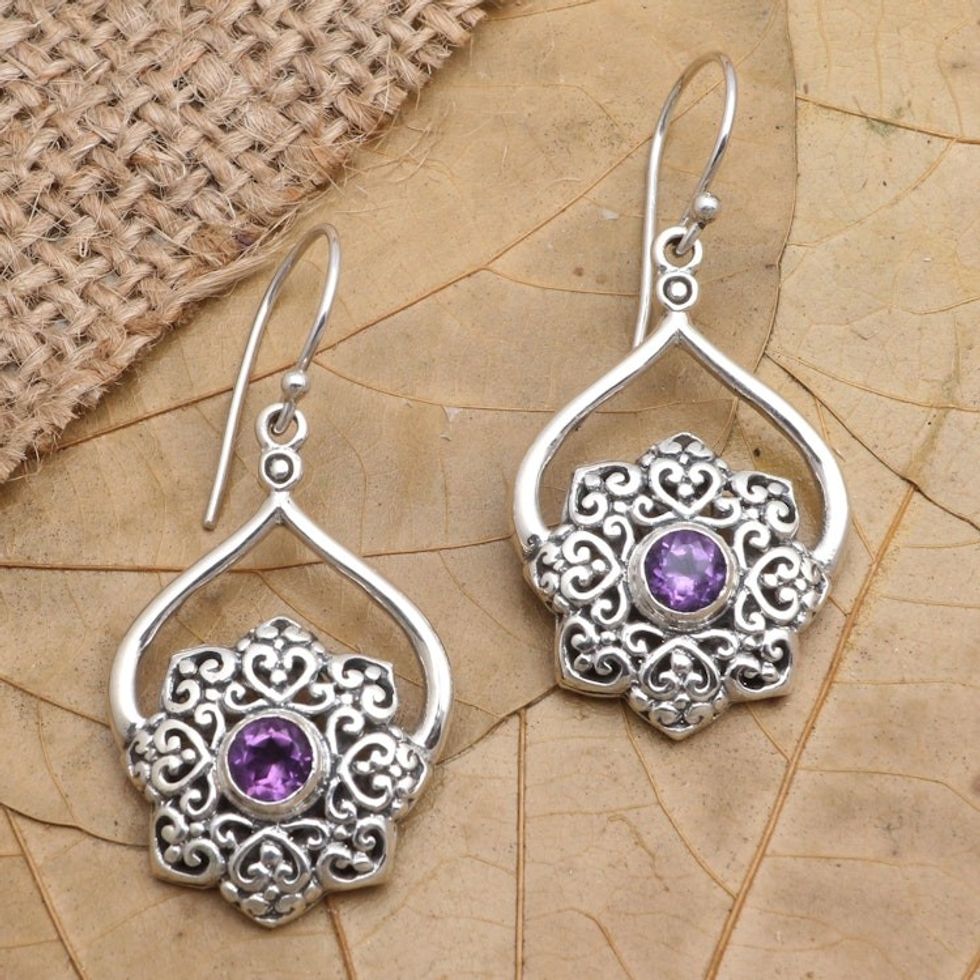 Handmade Amethyst and Sterling Silver Dangle Earrings 'February Flower'