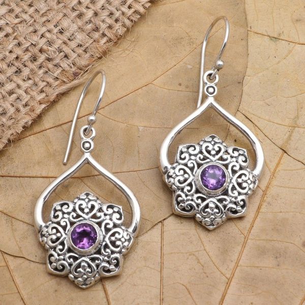 Alternate image for Handmade Amethyst and Sterling Silver Dangle Earrings February Flower