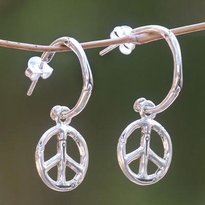 Alternate image for Sterling Silver Balinese Bamboo Motif Peace Symbol Earrings Bamboo Peace