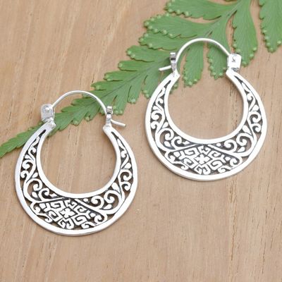 Alternate image for Openwork Sterling Silver Hoop Earrings Crafted in Bali Carved Sickle