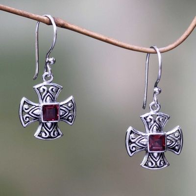 Alternate image for Handcrafted Balinese Silver Cross Earrings with Garnet Cross Pattee