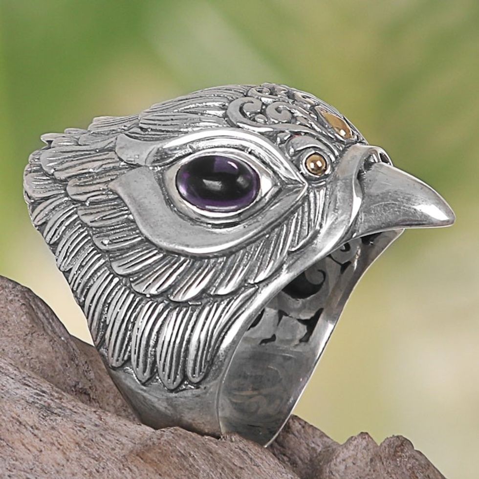 Amethyst Sterling Silver Gold Accent Ring Indonesia 'Starling's Gaze'