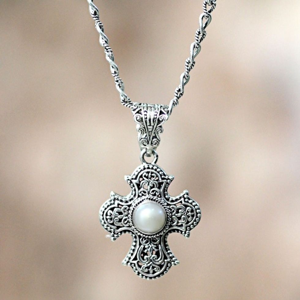 Sterling Silver and Pearl Cross Necklace 'Purity of Spirit'