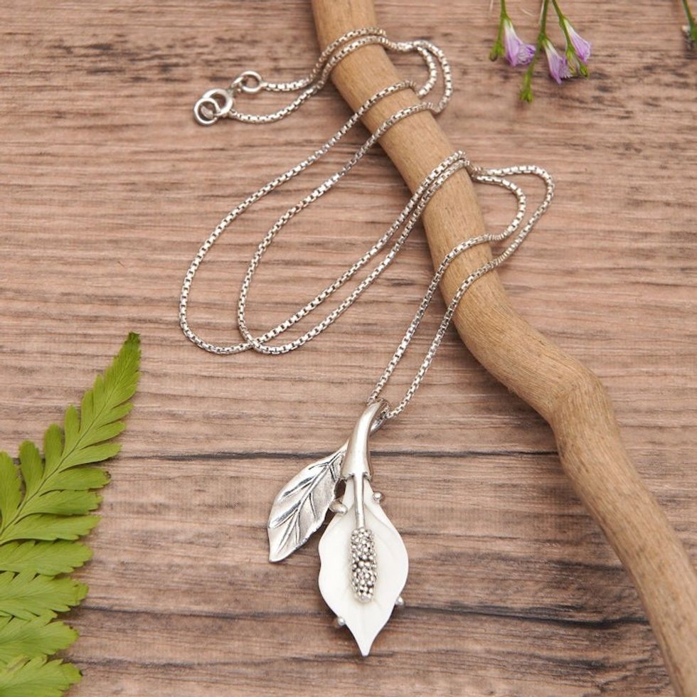 Polished Lily-Themed Sterling Silver Pendant Necklace 'Lily of Peace'