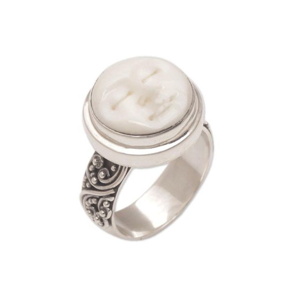 Alternate image for Hand Carved Bone and Sterling Silver Face Ring Serene Repose