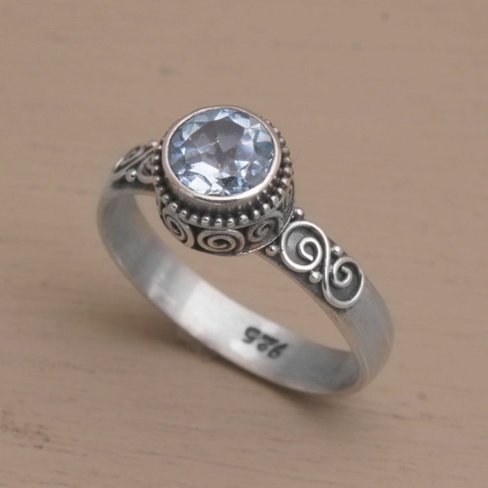 Blue Topaz and Sterling Silver Solitaire Ring from Bali 'Spiral Crown'