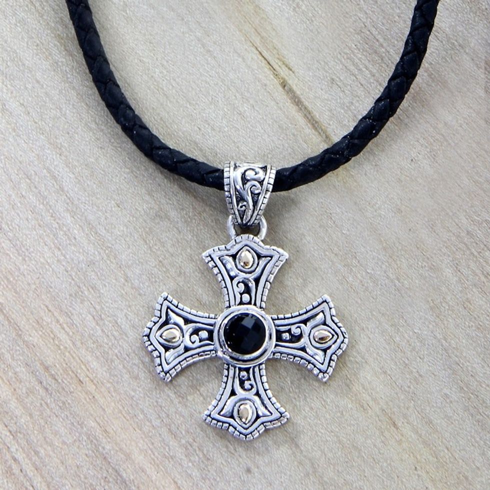 Men's 18k Gold Accented Silver Cross Necklace with Onyx 'Enlightenment'