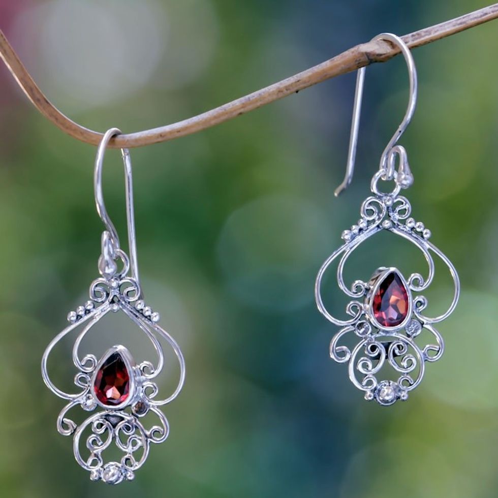 Ornate Garnet and Sterling Silver Dangle Earrings 'Crimson Arabesque'