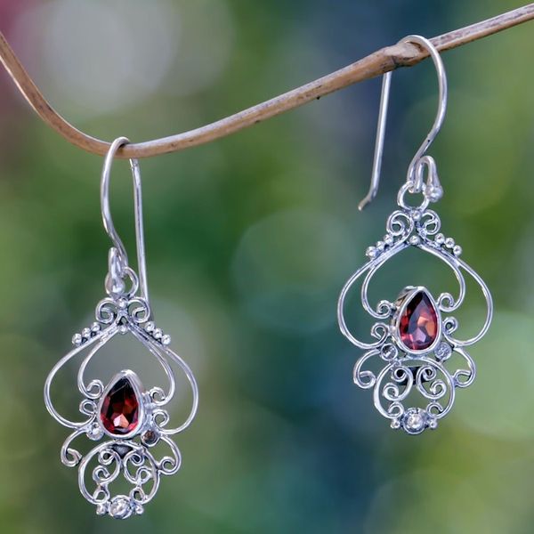 Alternate image for Ornate Garnet and Sterling Silver Dangle Earrings Crimson Arabesque