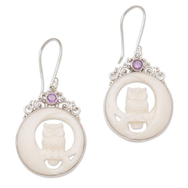 Alternate image for Polished Bone Owl Dangle Earrings with Amethysts Owls on Watch
