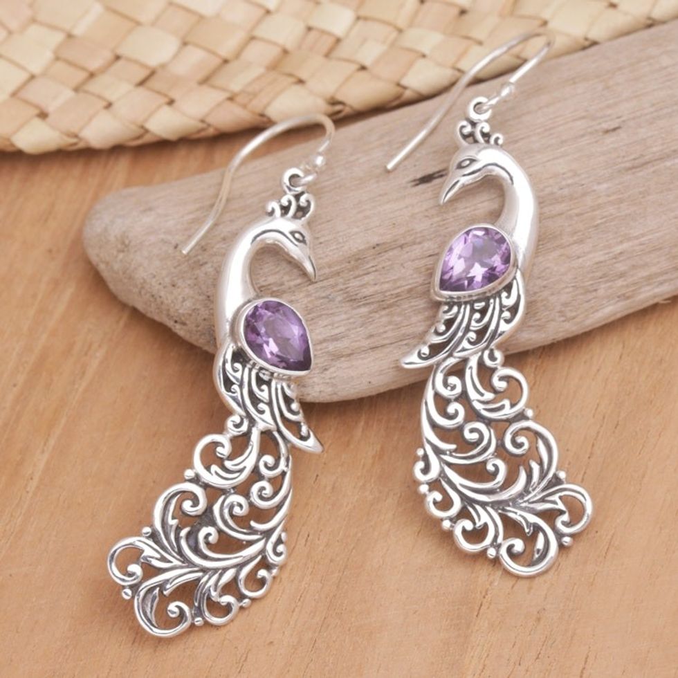 Sterling Silver and Amethyst Dangle Earrings with Peacocks 'Purple Peacock Queen'