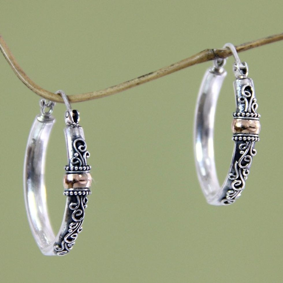 Hand Crafted Sterling Silver and 18k Gold Hoop Earrings 'Floral Tendrils'