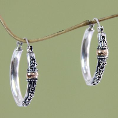 Alternate image for Hand Crafted Sterling Silver and 18k Gold Hoop Earrings Floral Tendrils