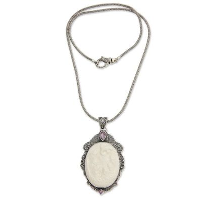 Alternate image for Amethyst Necklace with Carved Bone Medallion Seven Fish