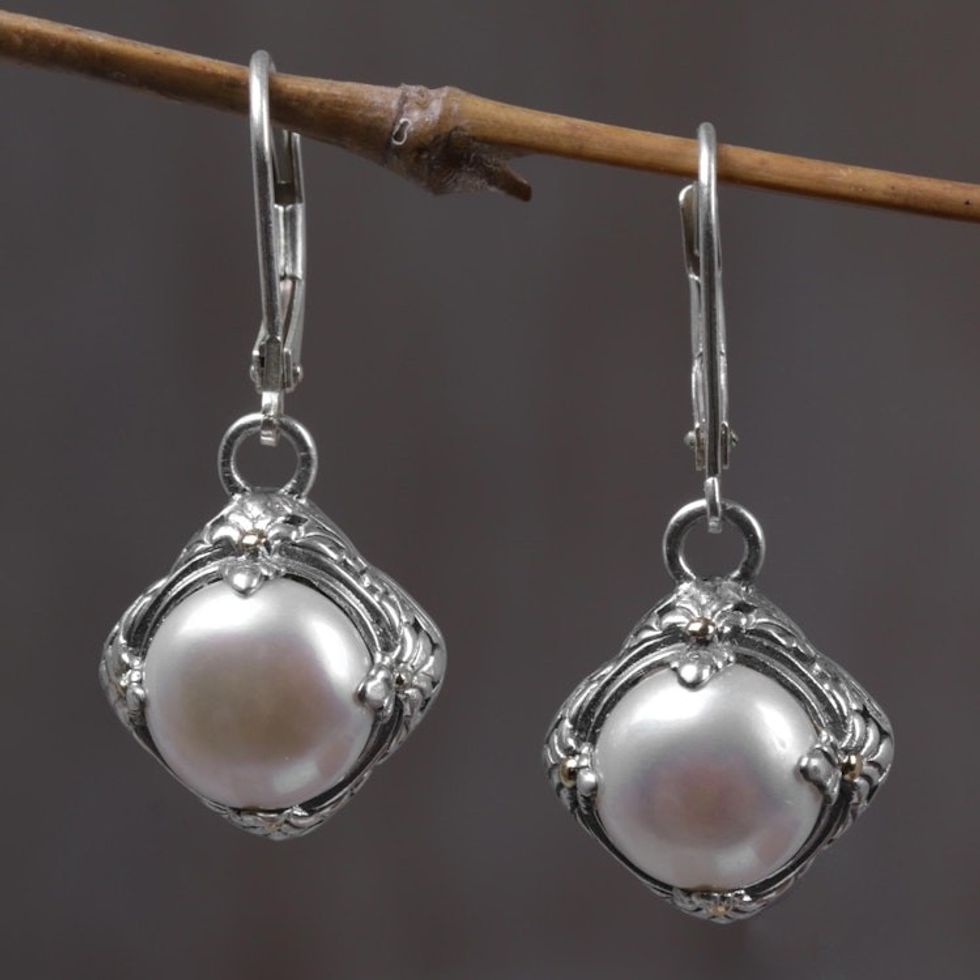 Cultured Freshwater Pearl and Sterling Silver Earrings 'White Altar'