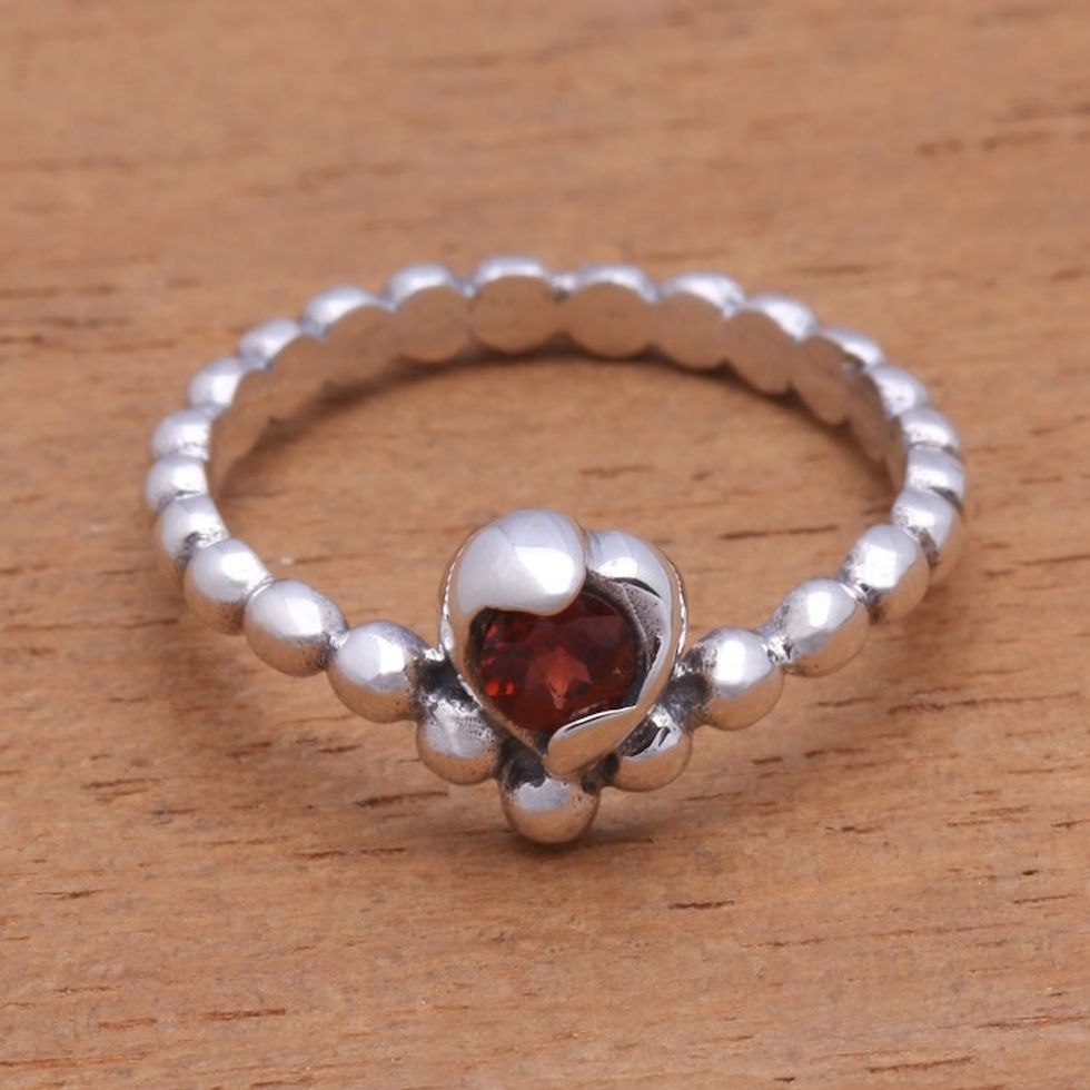 Dot Pattern Garnet Solitaire Ring from Bali 'Lined with Dots'