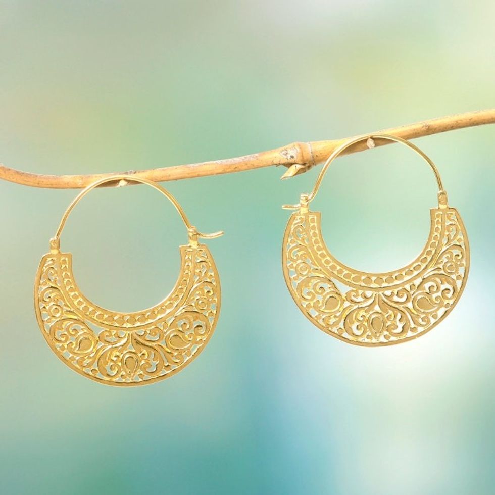 Ornate 22k Gold Vermeil Hoop Earrings from Indonesia 'Garden of Eden'