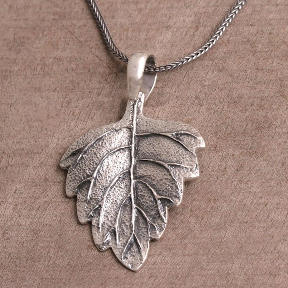 Handmade Sterling Silver Pendant Necklace 'Glistening Leaf'