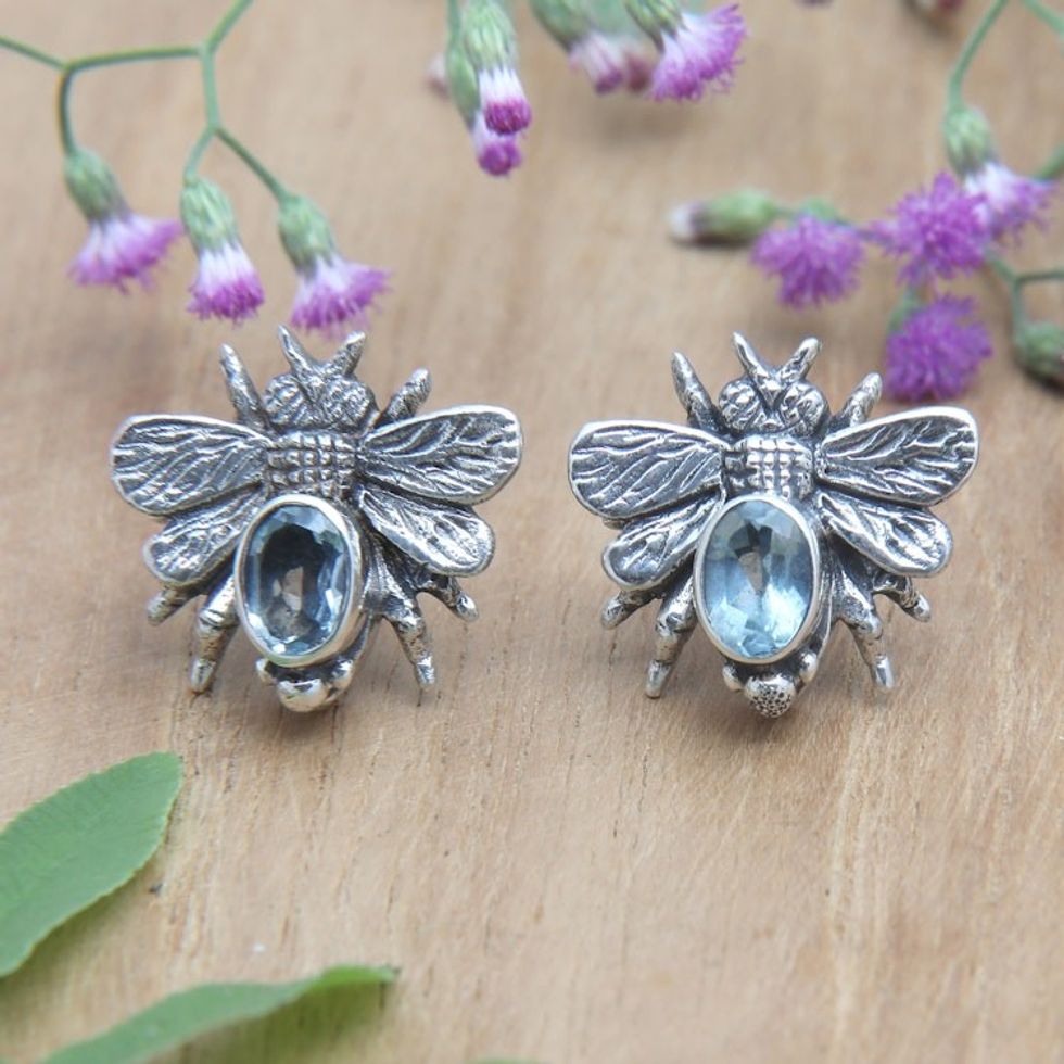 Sterling Silver Bee Button Earrings with Blue Topaz Jewels 'Bee Loyal'