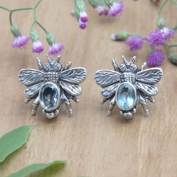Alternate image for Sterling Silver Bee Button Earrings with Blue Topaz Jewels Bee Loyal