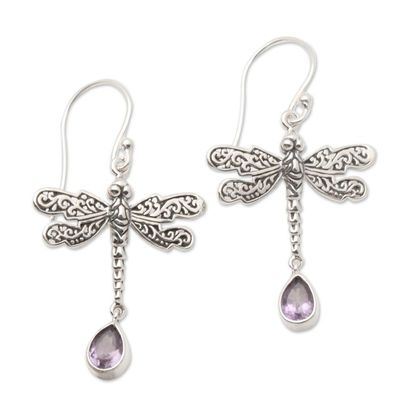 Alternate image for Artisan Crafted Balinese Silver Earrings with Amethyst Dragonfly Freedom