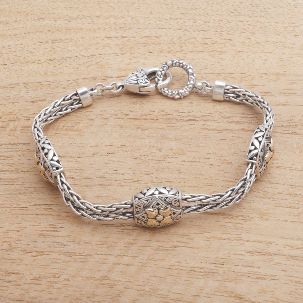 Floral Gold Accented Sterling Silver Station Bracelet 'Floral Isles'