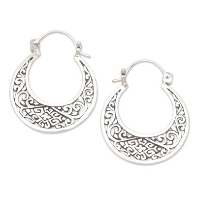 Alternate image for Openwork Sterling Silver Hoop Earrings Crafted in Bali Carved Sickle