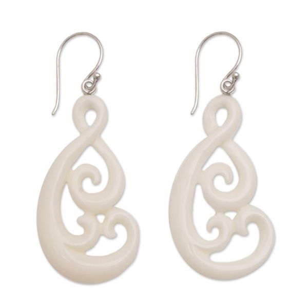 Alternate image for Handcrafted Bone Dangle Earrings from Bali Swirly Vines