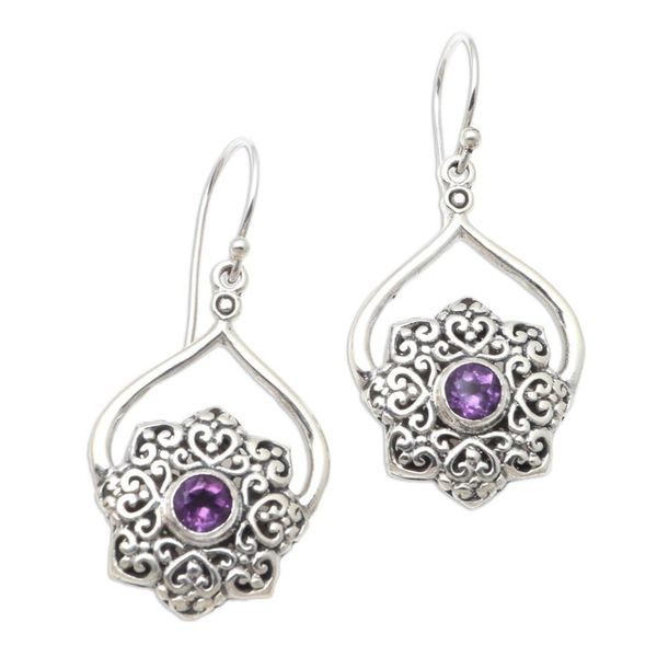 Alternate image for Handmade Amethyst and Sterling Silver Dangle Earrings February Flower