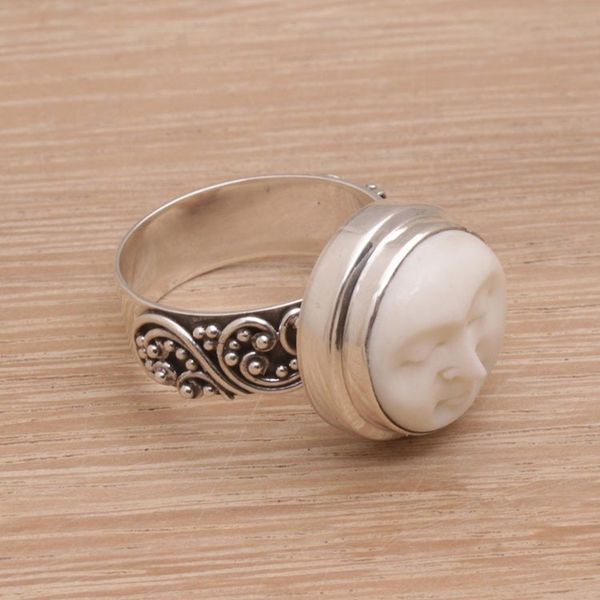 Alternate image for Hand Carved Bone and Sterling Silver Face Ring Serene Repose