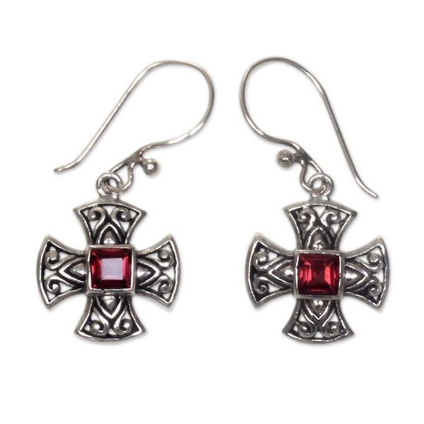 Alternate image for Handcrafted Balinese Silver Cross Earrings with Garnet Cross Pattee