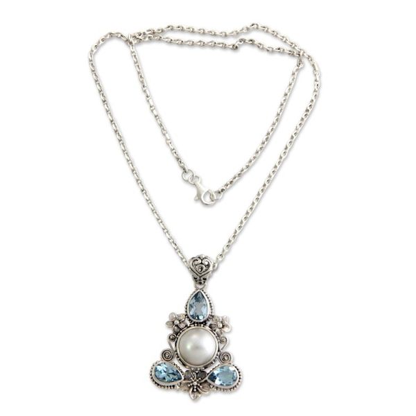 Alternate image for Artisan Crafted Blue Topaz and Pearl Silver Necklace Frangipani Trio