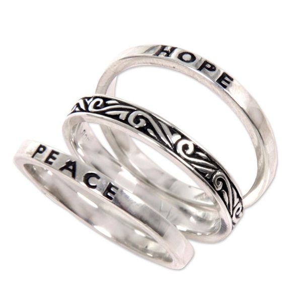 Alternate image for 3 Sterling Silver Hope and Peace Stacking Rings Bali Hope for Peace
