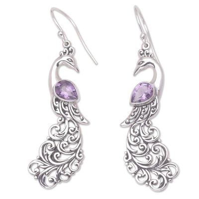 Alternate image for Sterling Silver and Amethyst Dangle Earrings with Peacocks Purple Peacock Queen