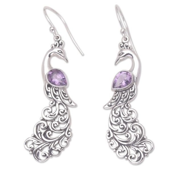Alternate image for Sterling Silver and Amethyst Dangle Earrings with Peacocks Purple Peacock Queen