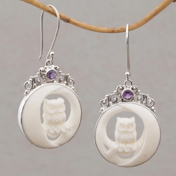 Alternate image for Polished Bone Owl Dangle Earrings with Amethysts Owls on Watch