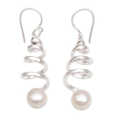 Alternate image for Indonesian Cultured Pearl Sterling Silver Spiral Earrings Moonlight Springs