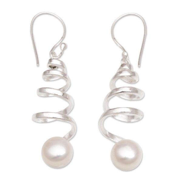 Alternate image for Indonesian Cultured Pearl Sterling Silver Spiral Earrings Moonlight Springs