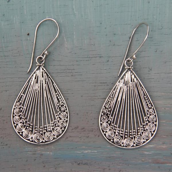 Alternate image for Lacy Handcrafted Sterling Silver Earrings from Bali Peacock Feather