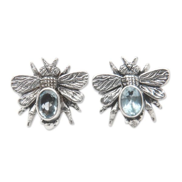 Alternate image for Sterling Silver Bee Button Earrings with Blue Topaz Jewels Bee Loyal