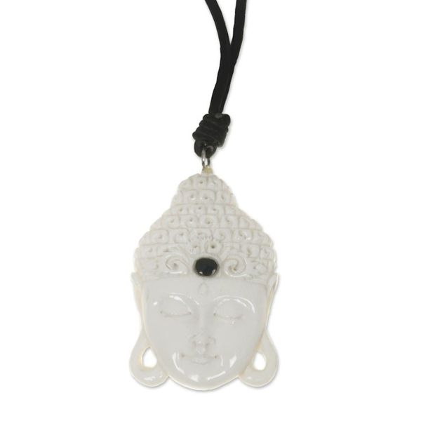 Alternate image for Buddha Head Cow Bone Pendant on Adjustable Leather Cord White Buddha Head
