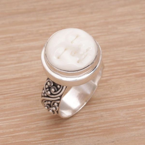 Alternate image for Hand Carved Bone and Sterling Silver Face Ring Serene Repose