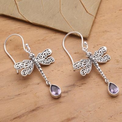 Alternate image for Artisan Crafted Balinese Silver Earrings with Amethyst Dragonfly Freedom