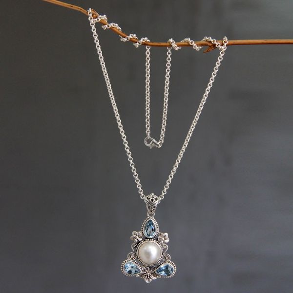 Alternate image for Artisan Crafted Blue Topaz and Pearl Silver Necklace Frangipani Trio