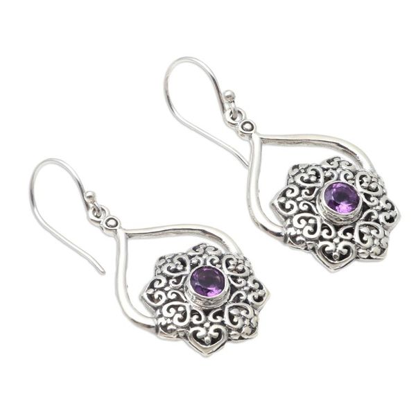 Alternate image for Handmade Amethyst and Sterling Silver Dangle Earrings February Flower