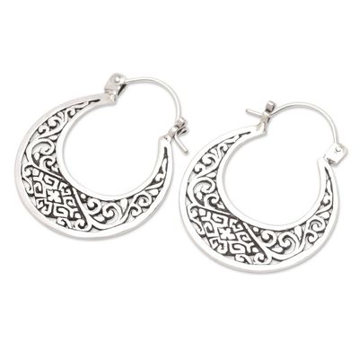 Alternate image for Openwork Sterling Silver Hoop Earrings Crafted in Bali Carved Sickle