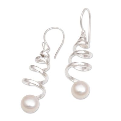 Alternate image for Indonesian Cultured Pearl Sterling Silver Spiral Earrings Moonlight Springs